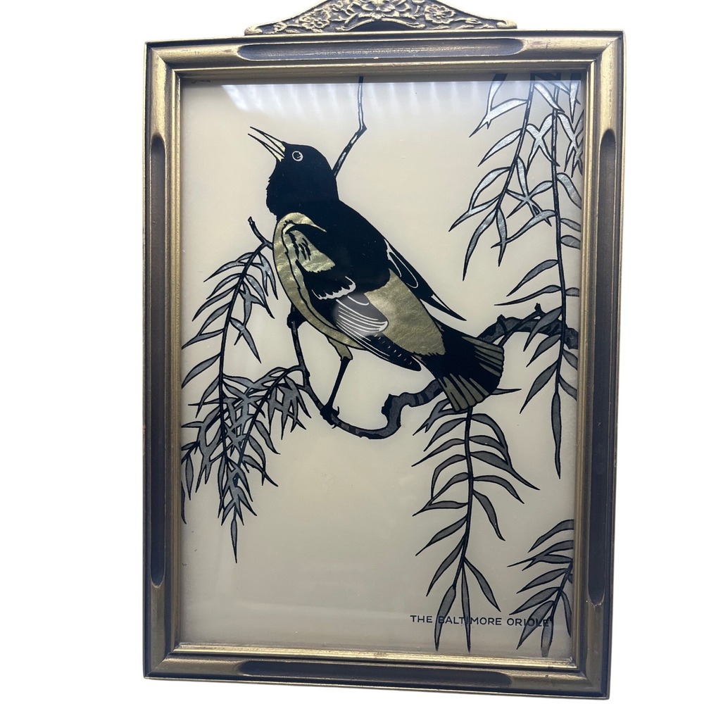 Vtg Reverse Painted Silhouette Baltimore Oriole Wall Decor W/Gold Frame‎ 8 x11